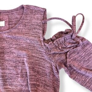 Cupio Womens M, Cold Shoulder Long Sleeve Knit Top Heathered Pink/Purple Stretch